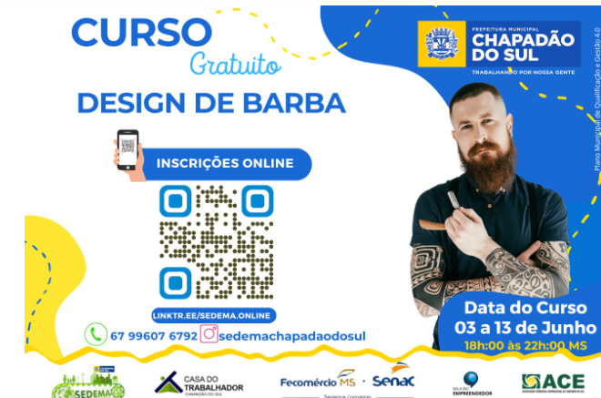 Imagem de compartilhamento para o artigo Chapadão do Sul abre inscrições para curso gratuito de Design de Barba; veja como participar da MS Todo dia